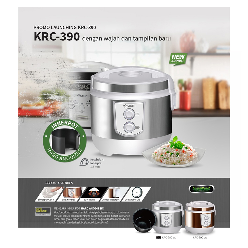 KIRIN Rice Cooker 2L - KRC-390 New Chopper Silver